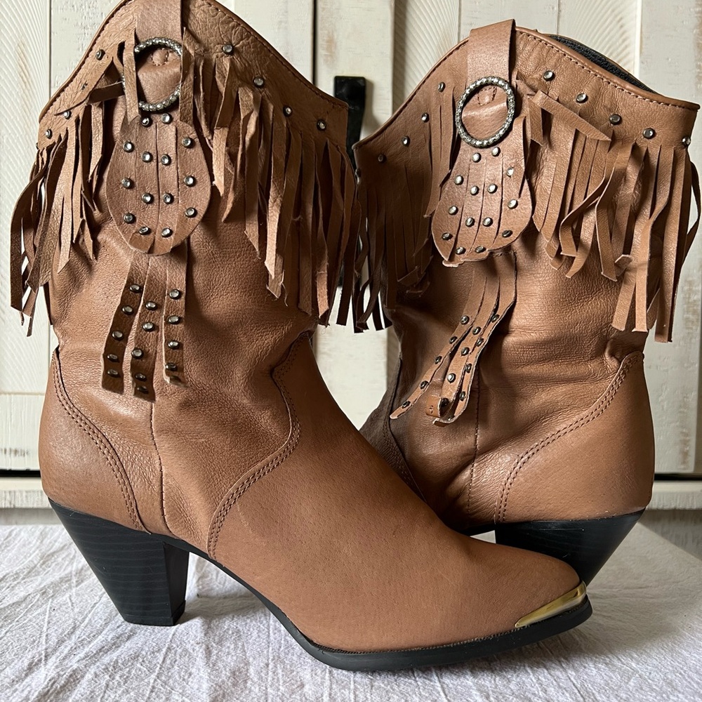 SALE🔥 Fringe Studded Leather Cowgirl Boots - Picture 2 of 15